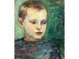un tableau représentant un garçon en chemise noire sur fond vert