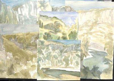une peinture représentant un paysage de montagne, réalisée à l'aquarelle