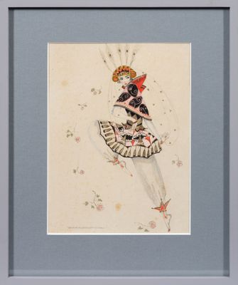 tableau représentant une femme en robe avec un oiseau sur la tête