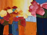 tableau représentant des fleurs dans des vases posés sur une table devant un mur jaune