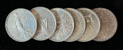 FRANCE. Ensemble de 6 monnaies en argent de 5 Francs Semeuse…