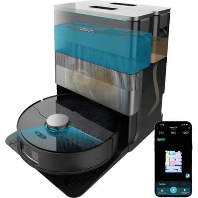 une image d'un aspirateur robotisé avec un téléphone à côté