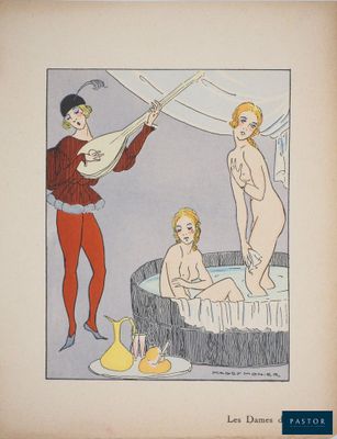 un vieux livre sur lequel figure le dessin d'une femme dans une baignoire et de deux hommes dans une baignoire