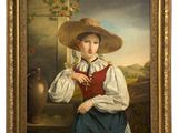 an oil painting of a young girl in a straw hat holding a book