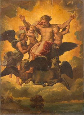 un tableau représentant un homme à cheval, avec des anges sur le cheval