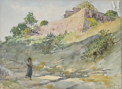 une aquarelle représentant une femme qui monte une colline