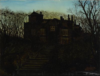 painting of an old mansion with steps leading up to it