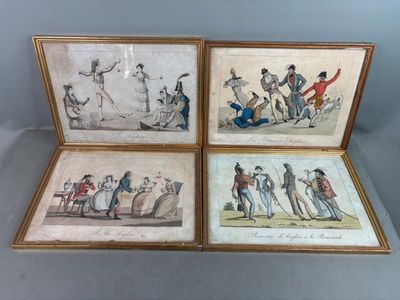 quatre reproductions encadrées représentant des personnes jouant au golf et en train de jouer au golf