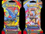 two packs of pokemon trading cards are shown on a black background