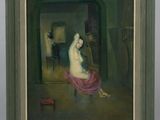 une peinture à l'huile représentant une femme assise sur une chaise dans une pièce