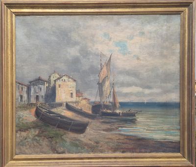 une peinture à l'huile représentant des bateaux sur une plage près d'un bâtiment