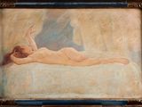 tableau représentant une femme nue allongée sur un lit dans une chambre