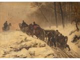 an image of a painting of a horse drawn carriage in the snow