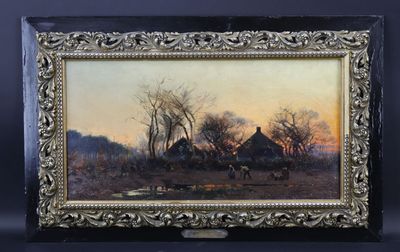 un tableau représentant une scène de vie à la ferme avec des chevaux et une grange