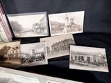 several old black and white photos of buildings and people in front of them