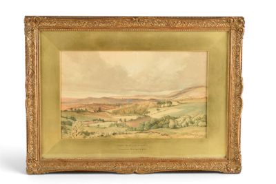 un tableau représentant un paysage avec des collines et des arbres, dans un cadre doré