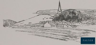 dessin représentant un village avec un clocher en arrière-plan