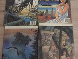 four books on a table with a picture of a woman and a horse