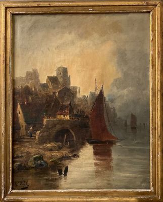 an oil painting of a harbor scene with boats in the water and a castle in the background