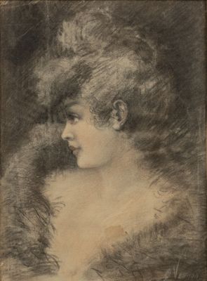 an old drawing of a woman with a fur collar