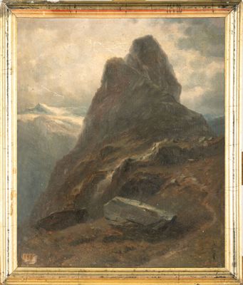 an image of a painting of a mountain scene with a boat in the foreground