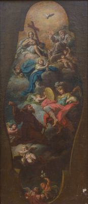 an old painting of a painting of a group of people in the sky