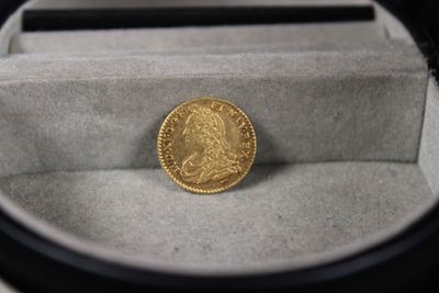 une pièce d'or posée dans une boîte contenant un stylo