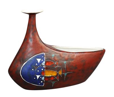 a red vase with a blue and orange design on it