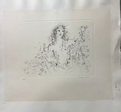 un dessin à l'encre représentant une femme assise sur une chaise à côté d'une plante
