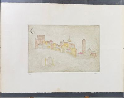 une image représentant un dessin d'une ville avec une lune dans le ciel