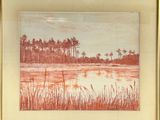 tableau représentant un lac avec des roseaux et des arbres en arrière-plan