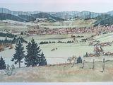 une photo d'un tableau représentant une ville dans les montagnes