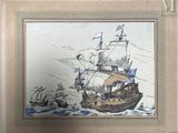 une vieille photo représentant un bateau en mer, entouré d'autres bateaux
