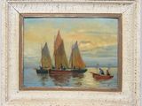 painting of sailboats on the water with a sky background