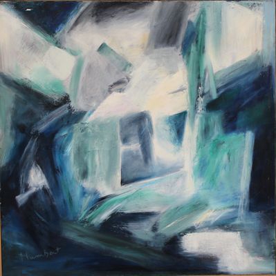 an oil painting of a blue and white building in a dark room