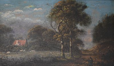 un tableau représentant une scène de campagne avec une maison rouge au loin