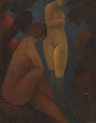 a painting of two nudes sitting on the ground next to a tree