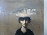 a painting of a man with a fish on his head