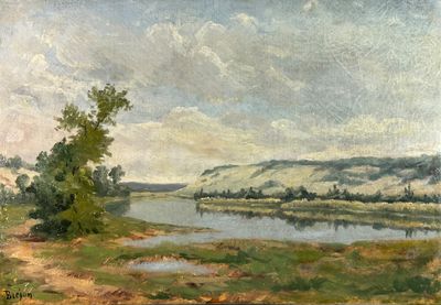 painting of a landscape with a river and trees in the foreground