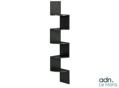 a black corner shelf with three shelves on each side
