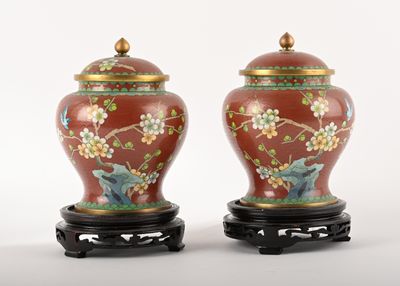 paire de vases rouges décorés d'oiseaux et de fleurs peints