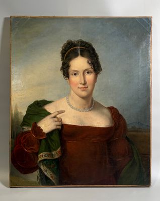 portrait of a woman in a red dress with a green shawl