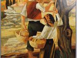 painting of a man and a woman hanging clothes on a clothes line