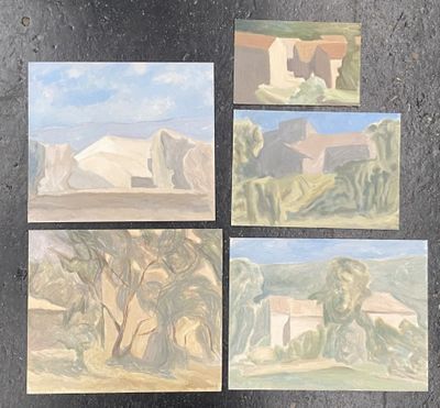 several paintings of different landscapes are displayed on a black surface