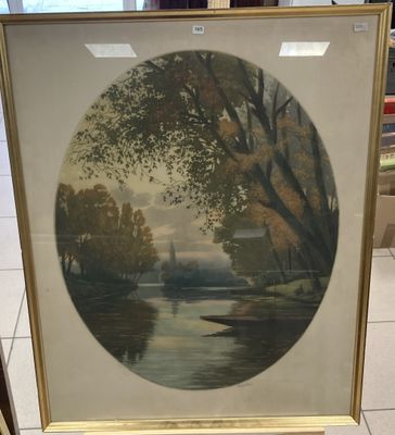framed painting of a river scene with trees in the background
