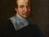 a painting of a man with a black shirt and white collar