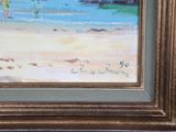 a painting of two people on the beach by the water