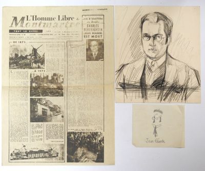 two drawings of a man in a suit and tie next to a newspaper