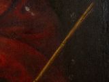 an oil painting of a woman in a red dress holding a cane