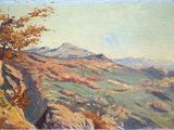 an image of a painting of a mountain scene with a tree in the foreground
